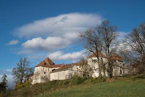 hermosa paisaje de el castillo en el colina en Ucrania en el pueblo de svirzh foto