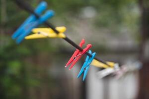 different colors of clothespins for washed clothes on a string photo