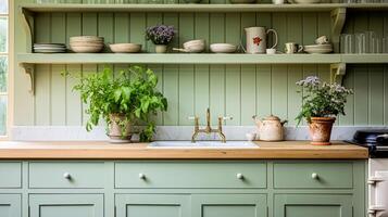 AI generated Mint cottage kitchen interior design, home decor and house improvement, English in frame kitchen cabinets in a country house photo