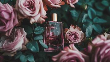 AI generated Perfume bottle in flowers, fragrance on blooming background, floral scent and cosmetic product photo