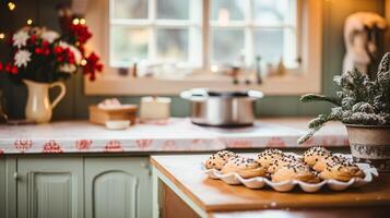 ai generado Navidad horneando, Días festivos receta y hogar cocinando, fiesta hornea, ingredientes y preparación en Inglés país cabaña cocina, hecho en casa comida y libro de cocina foto