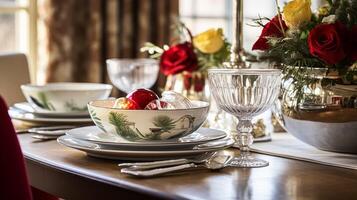 AI generated Christmas holiday family breakfast, table setting decor and festive tablescape, English country and home styling photo