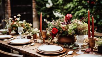 AI generated Table decor, holiday tablescape and dinner table setting in countryside garden, formal event decoration for wedding, family celebration, English country and home styling photo