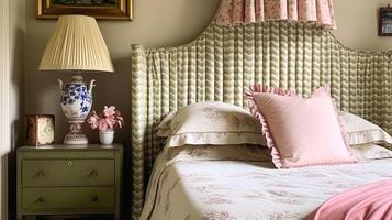 AI generated English cottage bedroom interior with pink and sage green decor photo