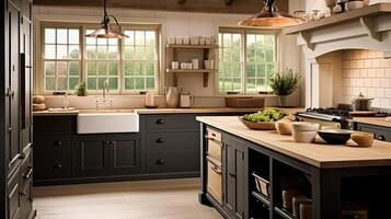 AI generated Dark kitchen decor, cottage interior design and house improvement, English in frame kitchen cabinets in a country house style photo