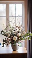 AI generated Floral arrangement with winter, autumn or early spring botanical plants and flowers photo