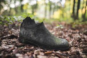 antiguo caucho Rasgado bota izquierda en el bosque foto