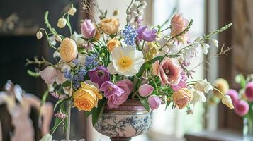 ai generado primavera flores en Clásico florero, hermosa floral acuerdo, hogar decoración, Boda y florista diseño foto