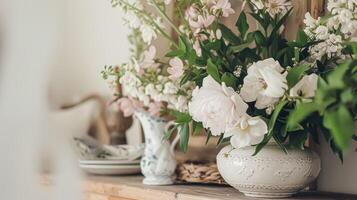 ai generado primavera flores en Clásico florero, hermosa floral acuerdo, hogar decoración, Boda y florista diseño foto