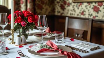 AI generated Valentines day tablescape and table decor, romantic table setting with flowers, formal dinner and date, beautiful cutlery and tableware photo