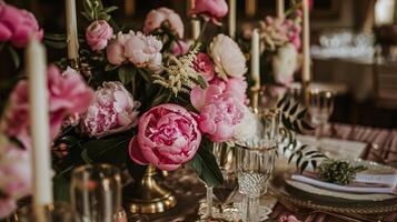 AI generated Wedding decoration with peonies, floral decor and event celebration, peony flowers and wedding ceremony in the garden, English country style photo