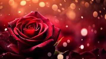 AI generated Valentines day background with red rose petals and bokeh lights, symbol of love, romance and commitment photo