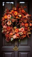 AI generated Autumn wreath decoration, autumn holiday season in the English countryside style, botanical autumnal decor photo