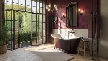 ai generado lujoso baño con mármol detalles y borgoña acentos, interior diseño y hogar decoración foto