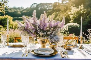 AI generated Wedding tablescape, elegant formal dinner table setting, table scape with lavender decoration for holiday party event celebration, generative ai photo