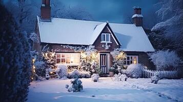 ai generado Navidad en el campo, cabaña y jardín decorado para Días festivos en un Nevado invierno noche con nieve y fiesta luces, Inglés país peinado foto