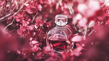 AI generated Perfume bottle in flowers, fragrance on blooming background, floral scent and cosmetic product photo