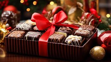 ai generado Navidad presente, Días festivos y celebracion, caja de chocolate bombones, invierno fiesta regalo foto
