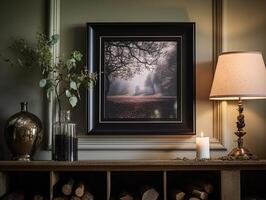 AI generated Black art frame in the elegant interior, wall and home decor photo