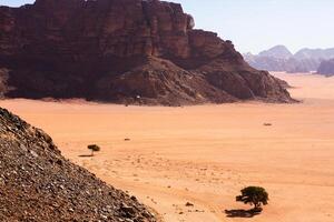 Wadi Rum Desert in Jordan. On the Sunset. Panorama of beautiful sand pattern on the dune. Desert landscape in Jordan. photo