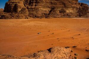 Wadi Rum Desert in Jordan. On the Sunset. Panorama of beautiful sand pattern on the dune. Desert landscape in Jordan. photo