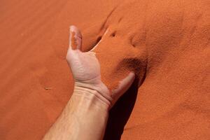 Wadi Rum Desert in Jordan. On the Sunset. Panorama of beautiful sand pattern on the dune. Desert landscape in Jordan. photo