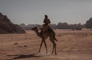 Wadi Rum Desert in Jordan. On the Sunset. Panorama of beautiful sand pattern on the dune. Desert landscape in Jordan. photo