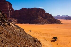 Wadi Rum Desert in Jordan. On the Sunset. Panorama of beautiful sand pattern on the dune. Desert landscape in Jordan. photo