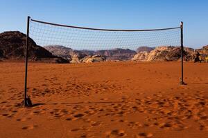 Wadi Rum Desert in Jordan. On the Sunset. Panorama of beautiful sand pattern on the dune. Desert landscape in Jordan. photo