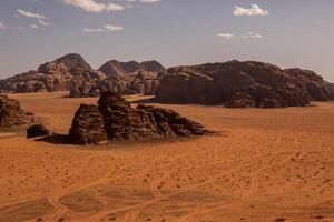 Wadi Rum Desert in Jordan. On the Sunset. Panorama of beautiful sand pattern on the dune. Desert landscape in Jordan. photo