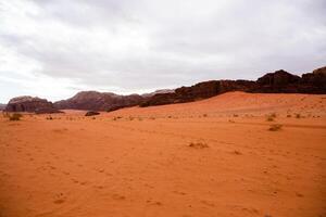 Wadi Rum Desert in Jordan. On the Sunset. Panorama of beautiful sand pattern on the dune. Desert landscape in Jordan. photo