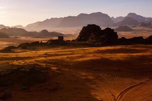 Wadi Rum Desert in Jordan. On the Sunset. Panorama of beautiful sand pattern on the dune. Desert landscape in Jordan. photo