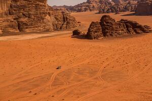 Wadi Rum Desert in Jordan. On the Sunset. Panorama of beautiful sand pattern on the dune. Desert landscape in Jordan. photo