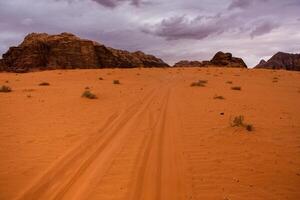 Wadi Rum Desert in Jordan. On the Sunset. Panorama of beautiful sand pattern on the dune. Desert landscape in Jordan. photo