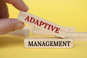 Hand placing wooden block on yellow cover with text - Adaptive Management photo