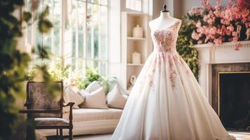 ai generado Boda vestidos, nupcial vestido estilo y hecho a la medida moda, de pierna completa blanco a la medida pelota vestido en sala de exposición, Sastre adecuado, belleza y Boda foto