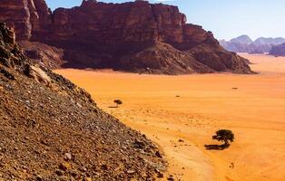 Wadi Rum Desert in Jordan. On the Sunset. Panorama of beautiful sand pattern on the dune. Desert landscape in Jordan. photo