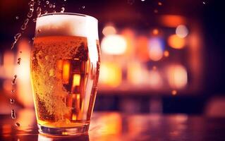 AI generated Fresh glass of beer on bar table with bokeh background and empty space for text. photo