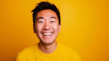 AI generated Asian guy portrait smiling to camera over yellowish background and empty space for text. photo