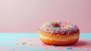 AI generated Sprinkled chocolate donut over pink background. Delicious frosted sprinkled donut isolated. photo