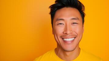 AI generated Asian guy portrait smiling to camera over yellowish background and empty space for text. photo