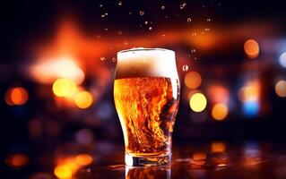 AI generated Fresh glass of beer on bar table with bokeh background and empty space for text. photo