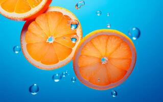 AI generated Close up view of fresh slices of oranges with water droplets over blue background. Studio shot. photo