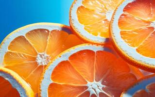 ai generado cerca arriba ver de Fresco rebanadas de naranjas con agua gotas terminado azul antecedentes. estudio disparo. foto