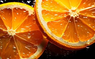 AI generated Close up view of fresh slices of oranges with water droplets over blue background. Studio shot. photo