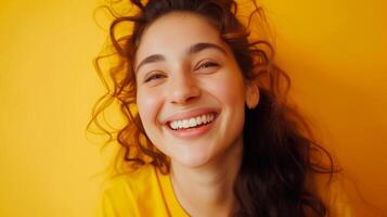 AI generated Caucasian girl portrait smiling to camera over yellowish background and empty space for text. photo