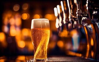 AI generated Fresh glass of beer on bar table with bokeh background and empty space for text. photo