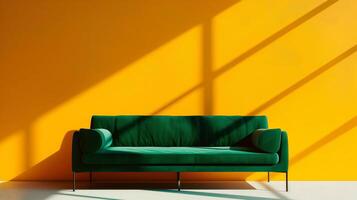 AI generated Home interior mock up with green sofa over yellow wall with long cast shadows. Living room decor. 3D render. photo