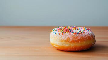 AI generated Sprinkled pink donut over wood surface background. Delicious frosted sprinkled donut isolated. photo