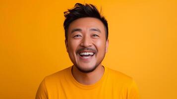 AI generated Asian guy portrait smiling to camera over yellowish background and empty space for text. photo